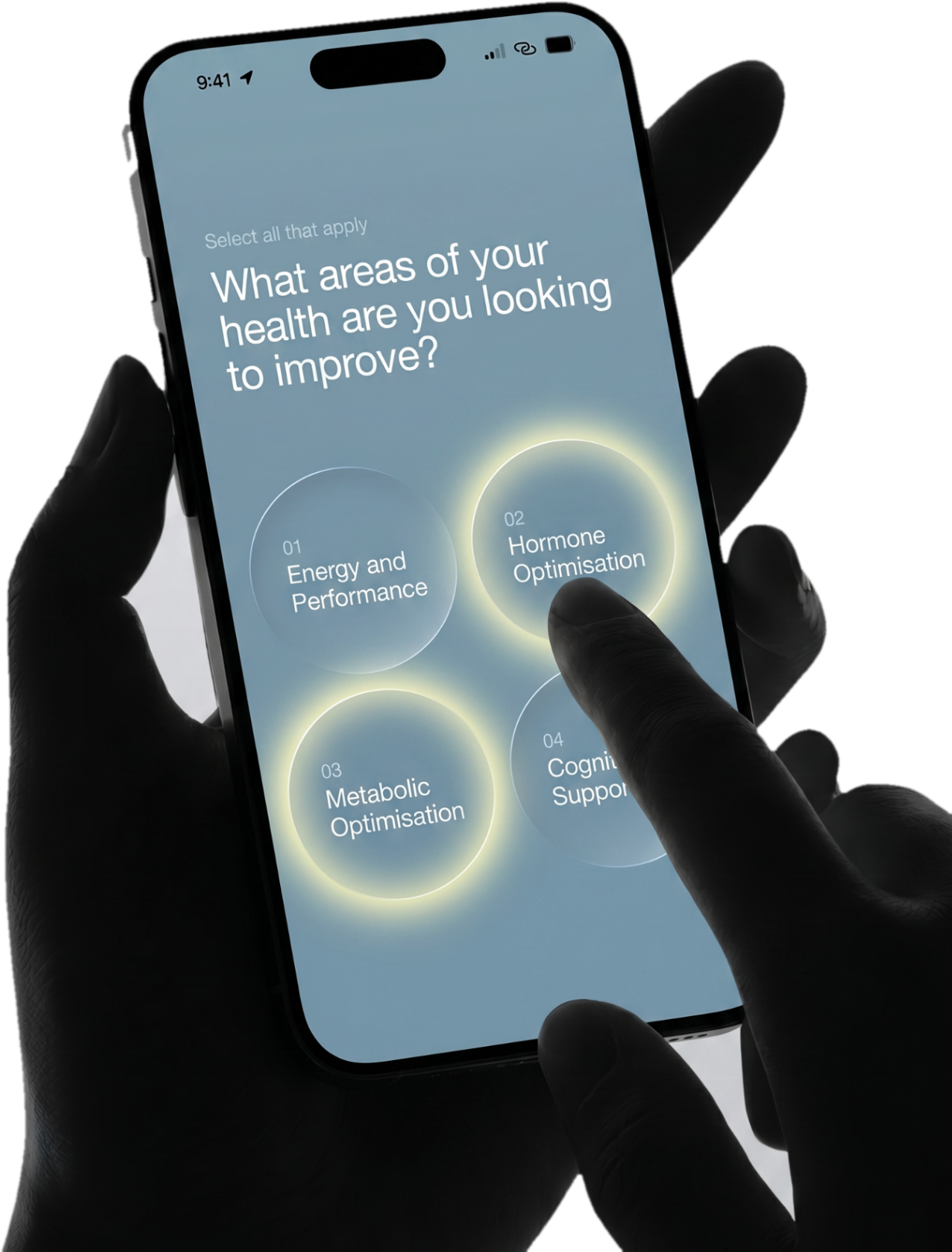 A phone showing the Aevo health assessment, selecting areas of health to improve.