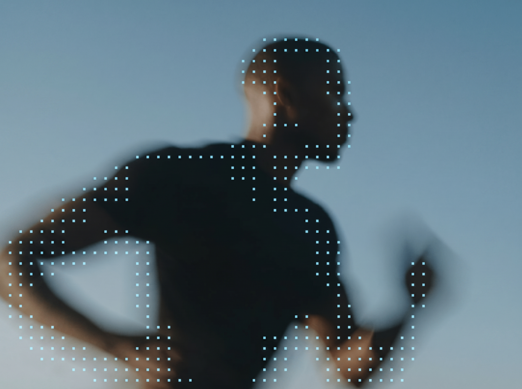 A runner in motion overlaid with a grid of data points — the human signal Aevo measures against